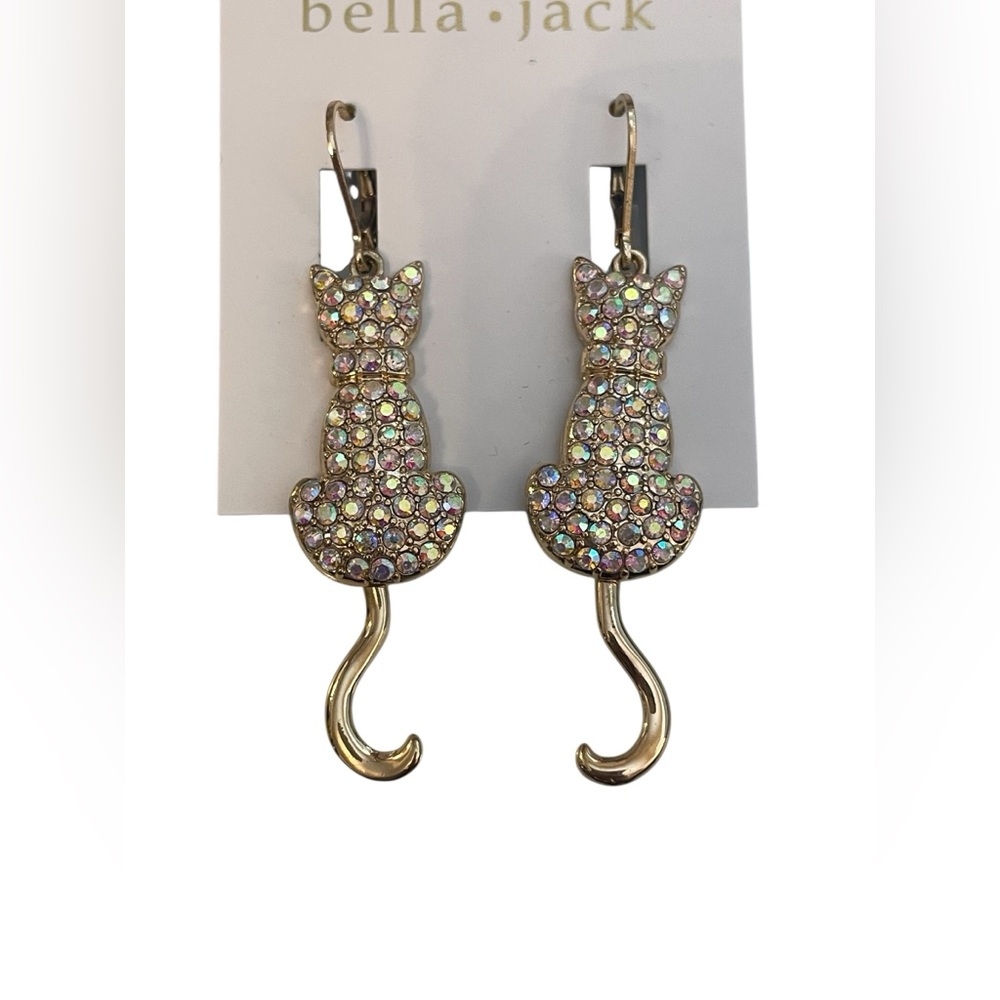Bella Jack Crystal Cat Dangle Earrings - Golden Sparkle - Picture 1 of 8